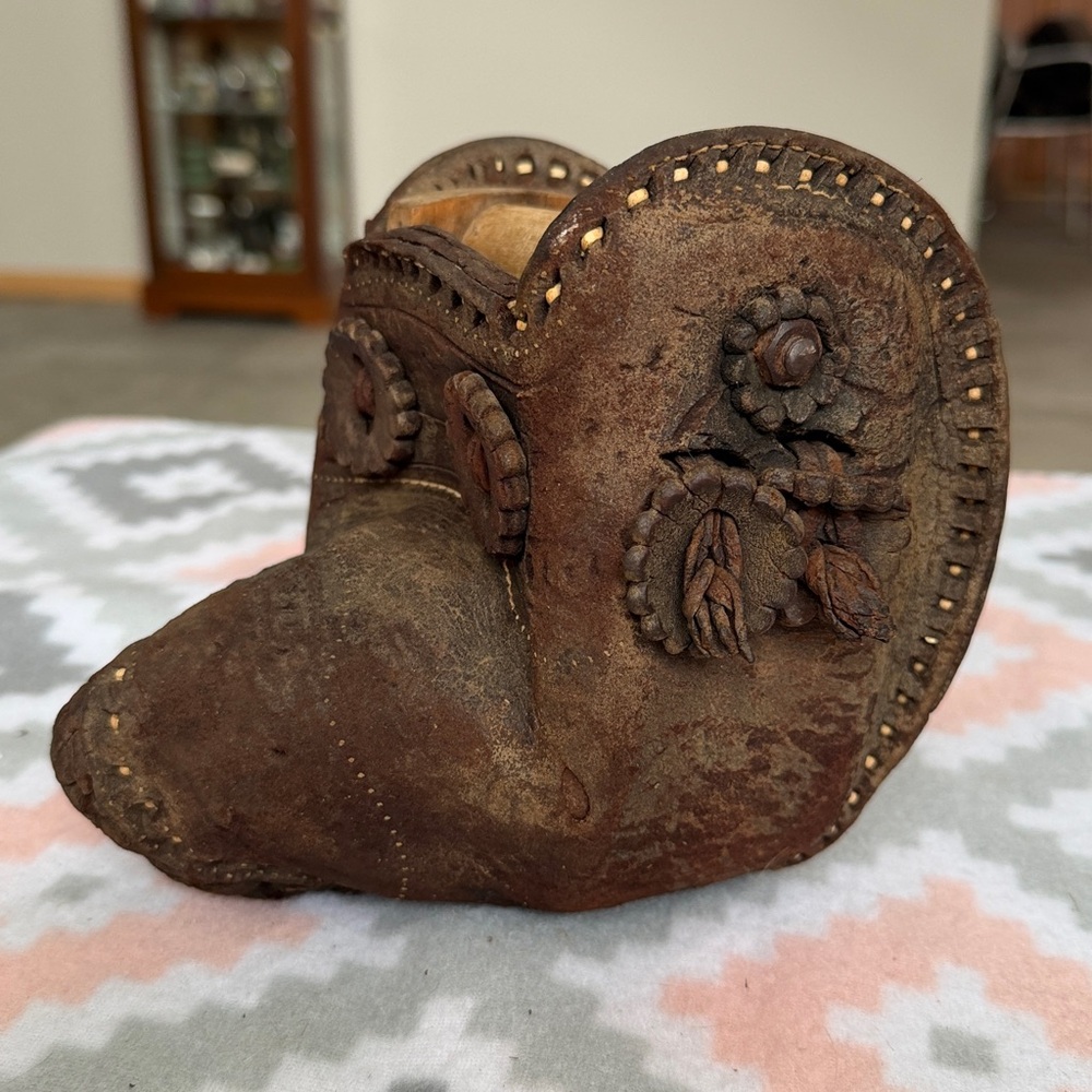 Antique Outsider Leather and Wood Dog head Stirrup brown leather sculpture